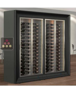 Combination of two professional multi-temperature wine display cabinets for central installation - Horizontal bottles - Curved frames CALICE DESIGN