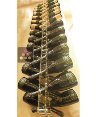 Wall Mounted Bottle Rack in Plexiglass for 54 champagne bottles - lighting LED in option SOBRIO