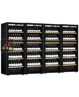Combination of a 4 single temperature ageing or service wine cabinets - Full Glass door - Inclined bottles TRANSTHERM
