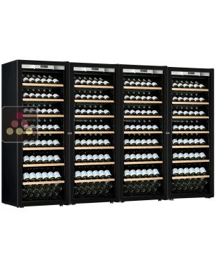 Combination of a 4 single temperature ageing or service wine cabinets - Full Glass door - Inclined bottles TRANSTHERM