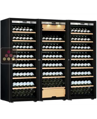 Combination of two single temperature wine cabinets and a 3 temperatures multipurpose wine cabinet - Inclined bottles - Full Glass door TRANSTHERM