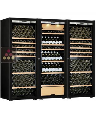 Combination of a 2 single temperature wine cabinet and a 3 temperatures multipurpose wine cabinet - Storage/sliding shelves - Full Glass door TRANSTHERM
