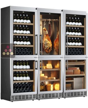 Built-in 6-temperature combination inox: 3 wine cellars for serving or storage, 1 cured meat cellar, 1 cheese cellar and 1 cigar cellar CALICE