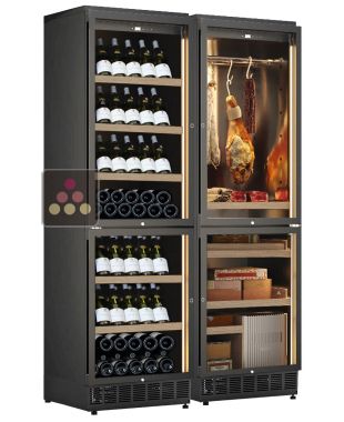 Built-in combination of 2 wine cabinets, a cigar and cured meat cabinet - Inclined bottle display CALICE