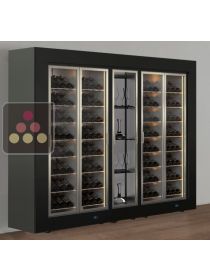 Freestanding combination of 2 multi-temperature wine display cabinets and 1 non refrigerated unit for glasses or spirits- Inclined bottles - Flat frame CALICE DESIGN