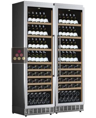 Built-in combination of 2 single-temperature wine cabinets for service or storage - Stainless steel front - Inclined bottles CALICE