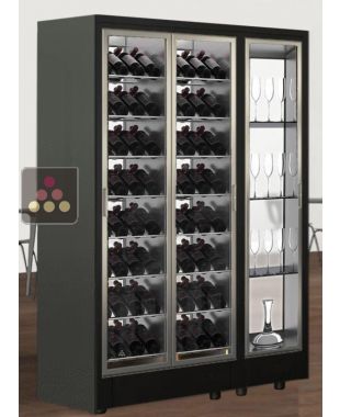 Combination of 1 wine display case and 1 non-refrigerated module for glassware or spirits with 2 glazed sides for central installation - Inclined bottles - FIT frame   CALICE DESIGN