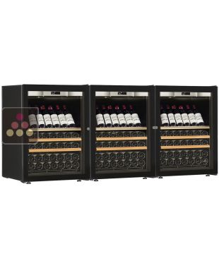 Combination of 3 single temperature wine ageing or service cabinet - Inclined/sliding shelves - Full Glass door TRANSTHERM