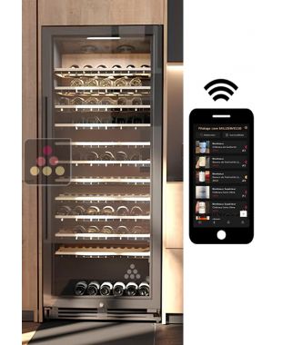 Built in single temperature connected wine cabinet for service and storage with smart shelves La SOMMELIERE
