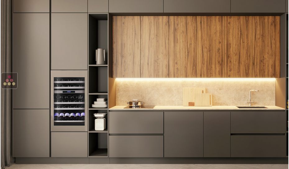 Dual temperature built in wine cabinet for service or aging self-ventilated with a customizable front