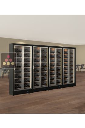 Combination of two professional 2 glazed sides multi-temperature wine display cabinets for central installation - Inclined bottles - Fit frame