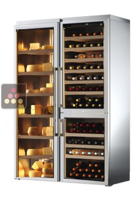 Combination of a mono-temperature wine cabinet and a cheese cabinet - Stainless steel cladding - Sliding shelves