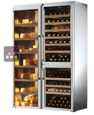 Combination of a mono-temperature wine cabinet and a cheese cabinet - Stainless steel cladding - Sliding shelves CALICE