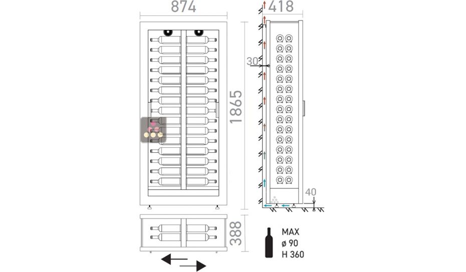 Wine display cabinet - Pro - 3 glazed sides - Flat frame -  Horizontal display - 38cm deep