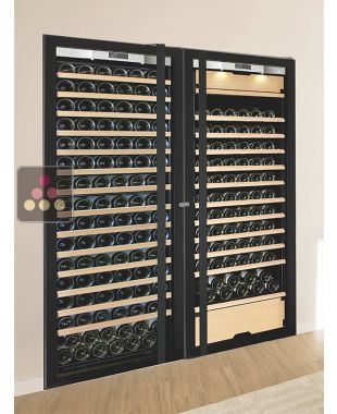 Built-in combination of a single temperature wine cabinet and a 3 temperatures multipurpose wine cabinet - Sliding shelves - Full Glass door TRANSTHERM