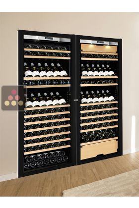 Built-in combination of a single temperature wine cabinet and a 3 temperatures multipurpose wine cabinet - Inclined/sliding shelves - Full Glass door