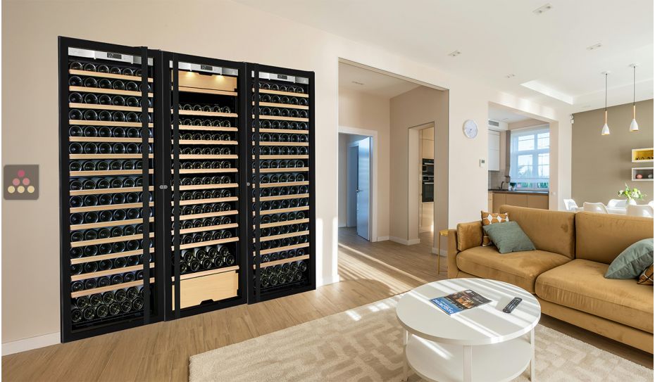 Built-in combination of a 2 single temperature wine cabinet and a 3 temperatures multipurpose wine cabinet - Sliding shelves - Full Glass door