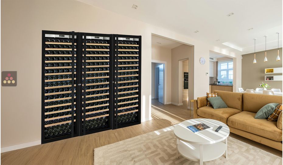 Built-in combination of a 3 single temperature ageing or service wine cabinets - Full Glass door - Sliding shelves