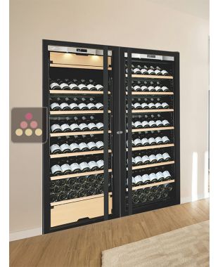 Built-in combination of a single temperature wine cabinet and a 3 temperatures multipurpose wine cabinet - Inclined/sliding shelves - Full Glass door TRANSTHERM