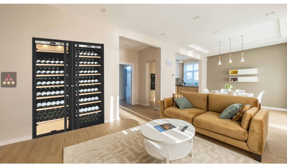 Built-in combination of a single temperature wine cabinet and a 3 temperatures multipurpose wine cabinet - Inclined/sliding shelves - Full Glass door