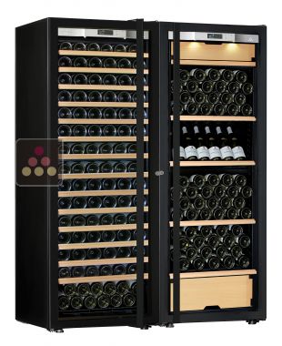 Combination of a single temperature wine cabinet and a 3 temperatures multipurpose wine cabinet - Sliding shelves - Full Glass door TRANSTHERM