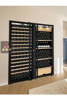 Built-in combination of a single temperature wine cabinet and a 3 temperatures multipurpose wine cabinet - mxite shelves - Full Glass door