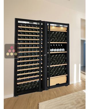 Built-in combination of a single temperature wine cabinet and a 3 temperatures multipurpose wine cabinet - mxite shelves - Full Glass door TRANSTHERM