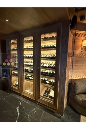 Custom-made single-temperature wine cabinet - 3 doors - steel frame with brushed fir wood finition- 145 Bottles - shelves in brushed fir wood