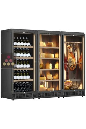 Combination of 3 refrigerated display cabinets for wine, cold cuts and cheese