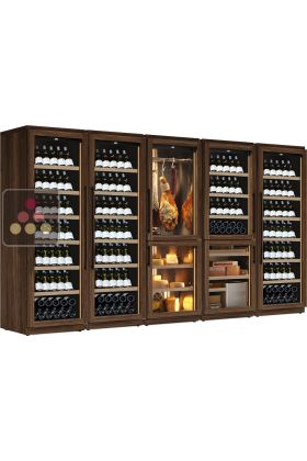 Combination of 3 wine service or storage cabinets with 3 serving or storage temperatures, a 2-temperature cellar for cold cuts and cheese, and a 2-temperature cellar for wine and cigars