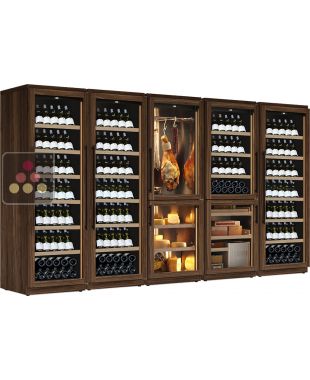Combination of 3 wine service or storage cabinets with 3 serving or storage temperatures, a 2-temperature cellar for cold cuts and cheese, and a 2-temperature cellar for wine and cigars CALICE