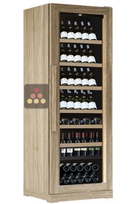 Solid wood single temperature wine cabinet for storage or service - Mixed inclined, sliding and drawer presentation - with wooden back panel