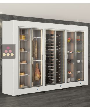 Combination of 3 professional refrigerated display cabinets for wine, cheese/cured meat and snack/desserts - Central installation - Flat frame CALICE DESIGN