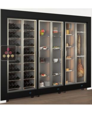 Built-in combination of 3 professional refrigerated display cabinets for wine, cheese/cured meat and snack/desserts - Flat frame CALICE DESIGN