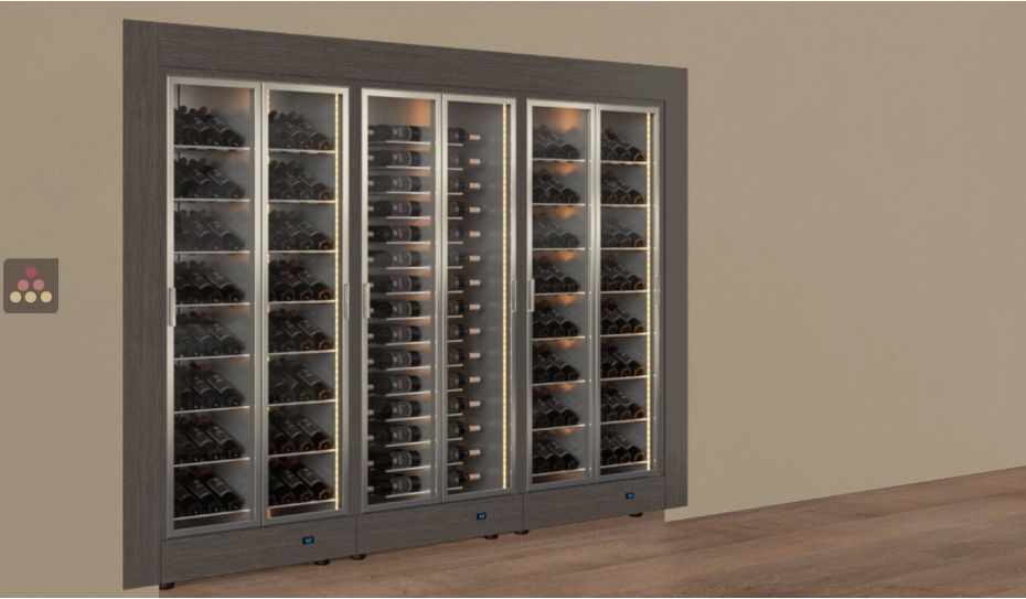 Built-in modular combination of 3 professional multi-temperature wine display cabinets - Inclined/horizontal bottles - Flat frame