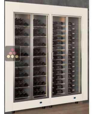Built-in combination of two professional multi-temperature wine display cabinets - Horizontal and inclined bottles - Flat frame CALICE DESIGN