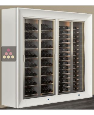 Freestanding combination of two professional multi-temperature wine display cabinets - Horizontal and inclined bottles -Curved frame CALICE DESIGN