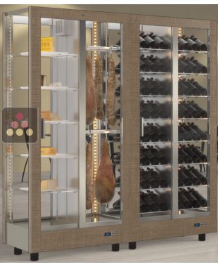 Combination of 2 professional refrigerated display cabinets for wine, cheese and cured meat - 4 glazed sides - Magnetic and interchangeable cover CALICE DESIGN