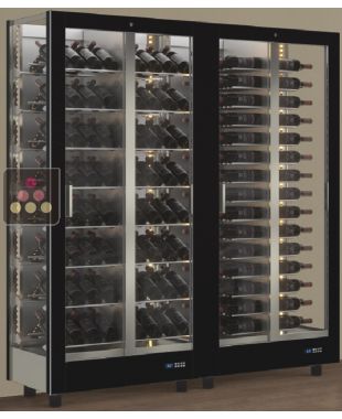 Combination of 2 professional multi-purpose wine display cabinet - 3 glazed sides - Horizontal/inclined bottles - Magnetic and interchangeable cover CALICE DESIGN