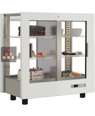 Professional refrigerated display cabinet for dessert and snacks - 4 glazed sides - Wooden cladding CALICE DESIGN