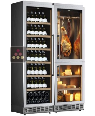 Built-in combination of a multi-temperature wine cabinet, and a cheese & delicatessen cabinet - Stainless steel front CALICE