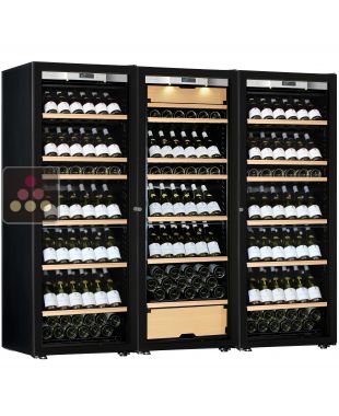 Combination of two single temperature wine cabinets and a 3 temperatures multipurpose wine cabinet - Inclined bottles - Full Glass door TRANSTHERM