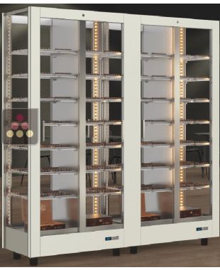 Combination of 2 refrigerated display cabinets for chocolates presentation - 4 glazed sides - Magnetic and interchangeable cover CALICE DESIGN