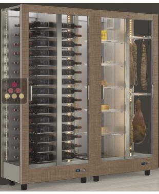 Combination of 2 professional refrigerated display cabinets for wine, cheese and cured meat - 3 glazed sides - Magnetic and interchangeable cover CALICE DESIGN
