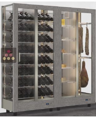 Combination of 2 professional refrigerated display cabinets for wine, cheese and cured meat - 3 glazed sides - Magnetic and interchangeable cover CALICE DESIGN