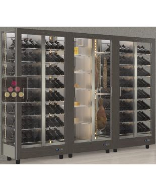 Combination of 3 professional refrigerated display cabinets for wine, cheese and cured meat - 3 glazed sides - Magnetic and interchangeable cover CALICE DESIGN