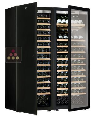 Combination of 2 single temperature wine cabinets for ageing or service - Sliding/inclined shelves - Full Glass and solid door TRANSTHERM