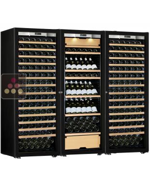 Combination of a 2 single temperature wine cabinet and a 3 temperatures multipurpose wine cabinet - Mixed shelves - Full Glass door TRANSTHERM