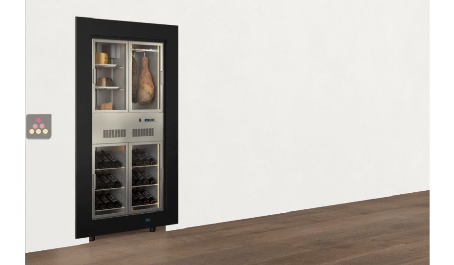 Built-in combination of a polyvalent wine cabinet and a cheese/cold cuts cabinet