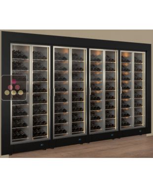 Built-in combination of 4 professional multi-temperature wine display cabinets - Inclinedcbottles - Flat frame CALICE DESIGN